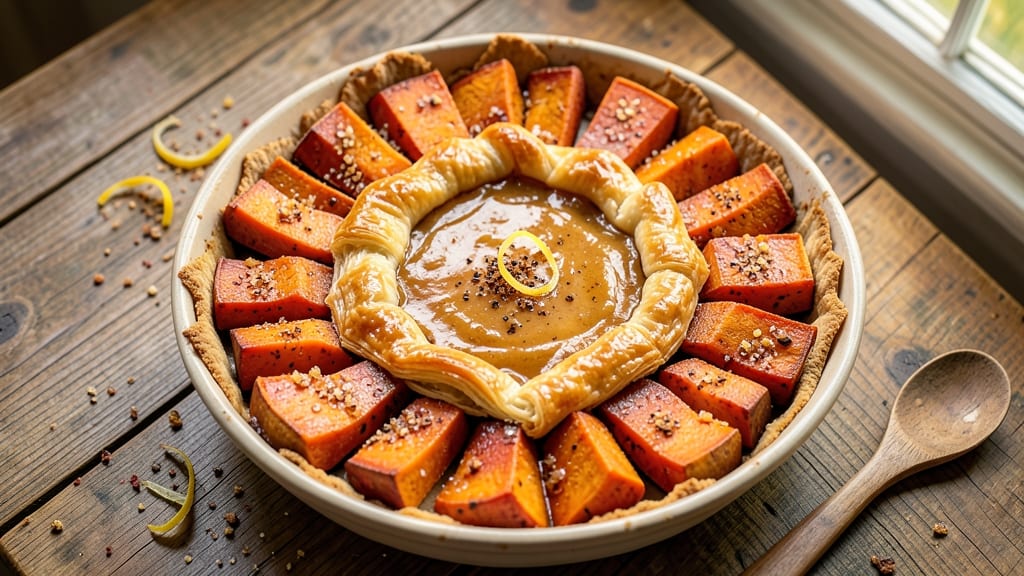 Upside Down Sweet Potato Pie Recipe: Caramelized Celery Crown Over Spiced Custard Bliss