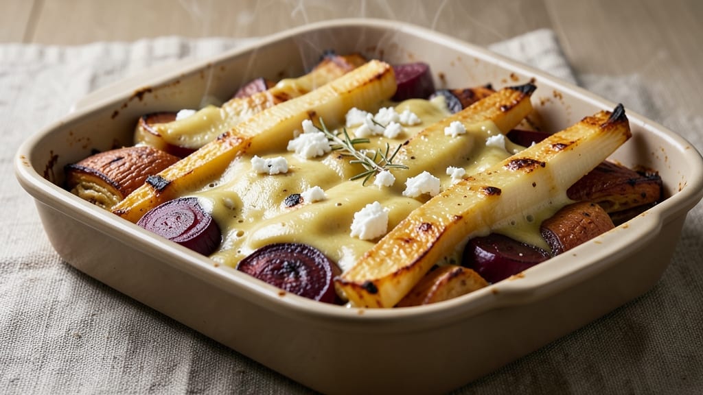 Sweet Potato Parsnip Beet Gratin Recipe: Layered Roasted Trio With Nutmeg-Kissed Cream Cheese
