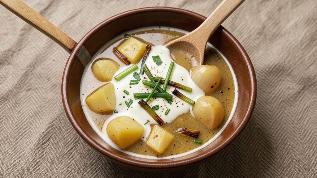 Vegetarian Slow Cooker Potato Soup Recipe: Nutmeg-Kissed Creaminess With Crispy Celery Crown