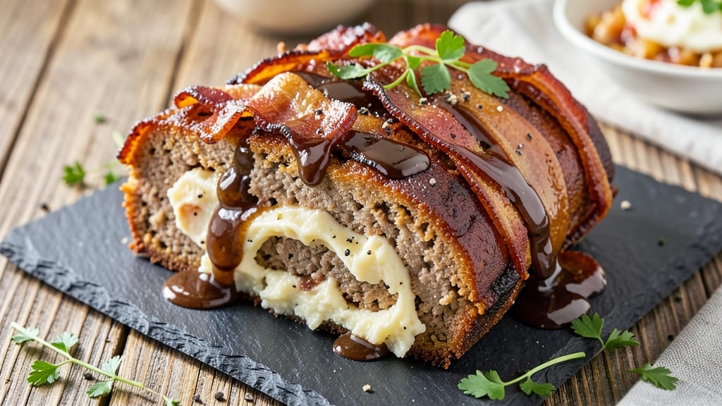 Bacon-Wrapped Mashed Potato Stuffed Meatloaf Recipe: Smoky Crunch Meets Creamy Heart in One Bite