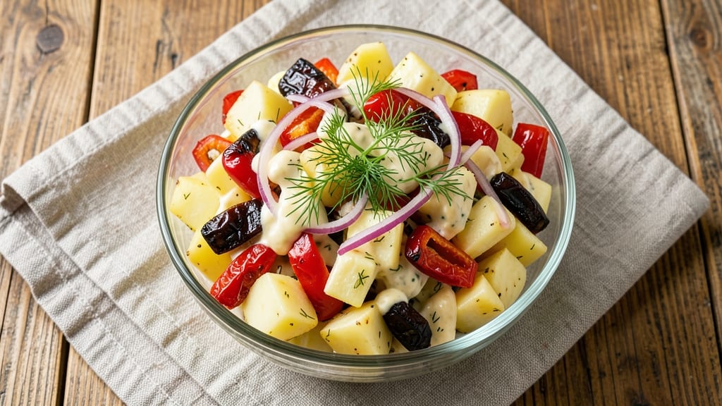 Sweet Peppers and Deli Potato Salad Recipe: Smoky-Sweet Crunch Over Creamy Herb Swirl