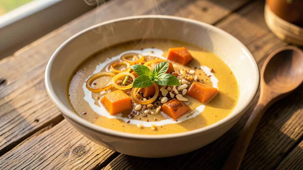 Sweet Potato Coconut Soup Recipe: Tropical Creaminess With Toasted Coconut Topping