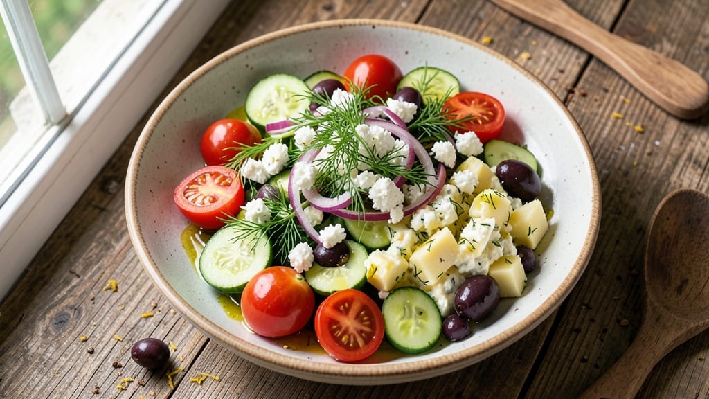Authentic Greek Salad With Potato Salad Recipe: Mediterranean Fusion With Crunchy Celery Crown