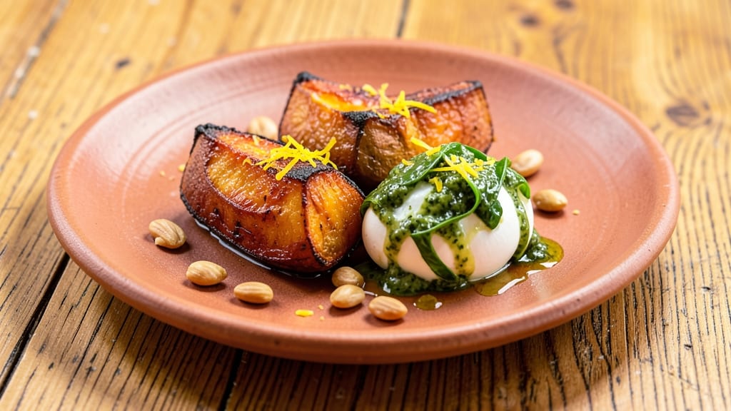 Sweet Potato Burrata Pesto Recipe: Crispy Roasted Crown Over Creamy Herb Bliss