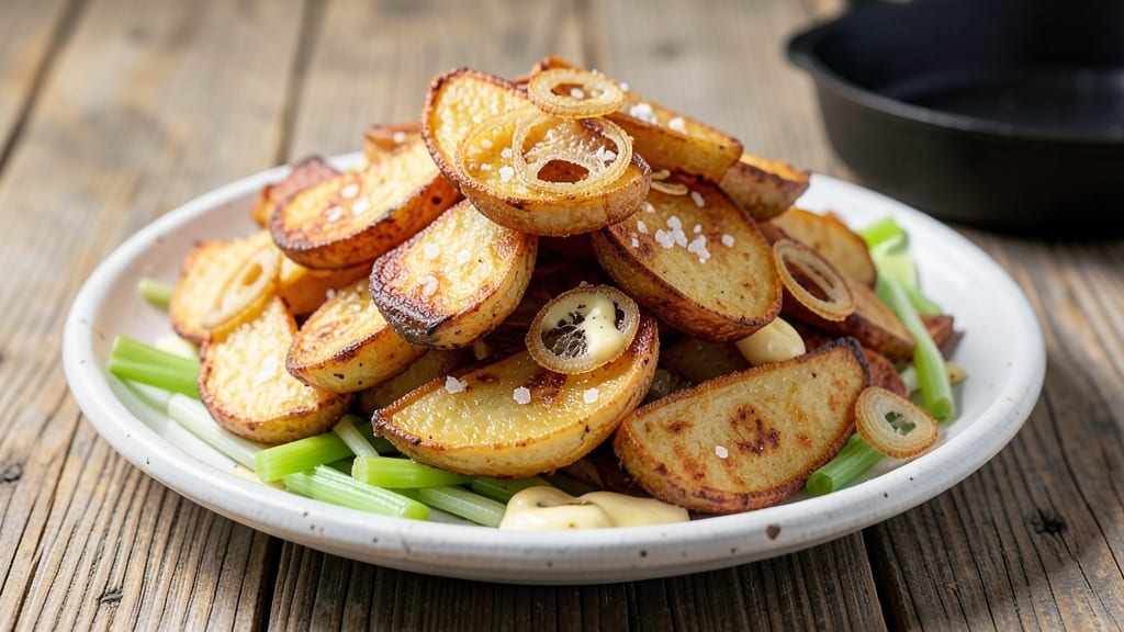 Baked Potato Home Fries Recipe: Crispy Celery Crown Over Nutty Garlic Cream