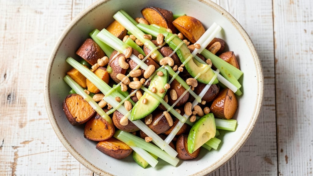 Sweet Potato Salad Recipe Paleo: Crunchy Celery Crown Over Creamy Avocado Dressing