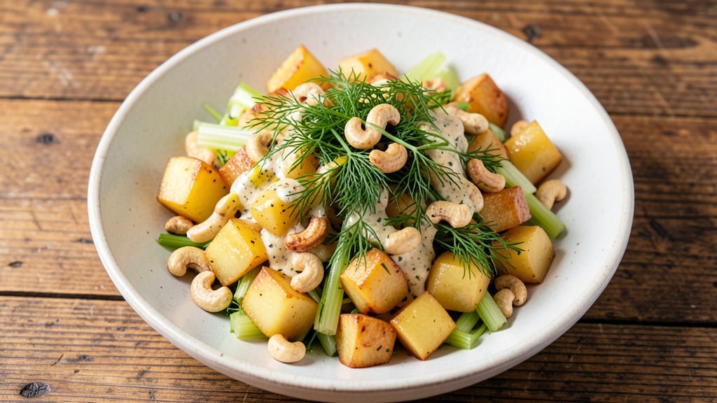 Vegan Dill Potato Salad Recipe: Crispy Celery Crown Over Tangy Mustard Cream