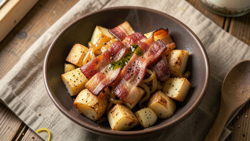 Bacon Onion and Potato Recipe: Crispy-Edged Potatoes With Smoky Bacon Bites