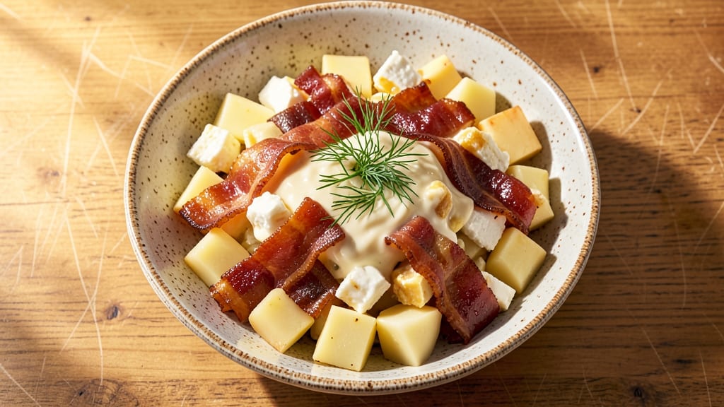 Bacon Cheese Potato Salad Recipe: Smoky Crispy Bacon Bites Over Creamy Herb Swirl