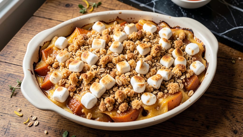 Sweet Potato Casserole Recipe With Marshmallows And Streusel Topping: Crispy Streusel Crown Over Gooey Marshmallow Rivers