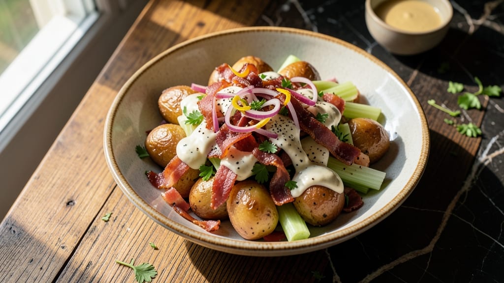 Baked Potato Salad Recipe with Bacon: Smoky Crispy Bites Over Creamy Mustard Bliss
