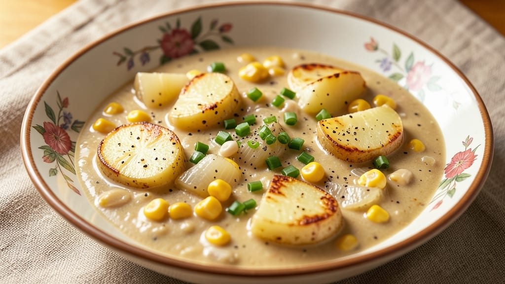 Baked Potato and Corn Chowder Recipe: Crispy Celery Crown Over Velvety Herb Cream