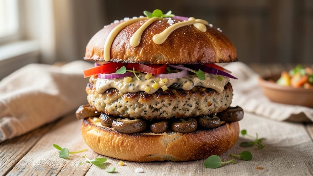 Vegan Potato Burgers Recipe: Smoky Mushroom and Crispy Onion Rings