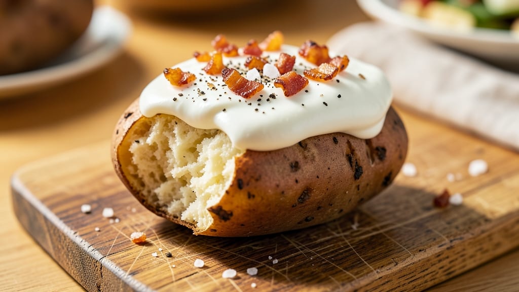 Baked Potato With Sour Cream and Bacon Bits Recipe: Crispy Skin, Smoky Crunch, Creamy Bliss