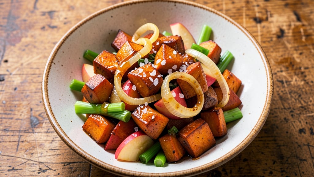 Sweet Potato, Apple, and Onion Recipe: Caramelized Trio With Crispy Celery Crown Topping