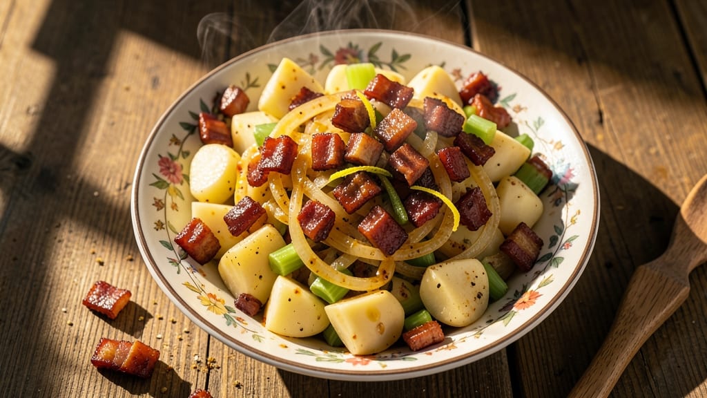 Old Fashioned German Potato Salad Recipe with Bacon: Crispy Celery Crown Over Smoky Mustard-Bacon Bliss